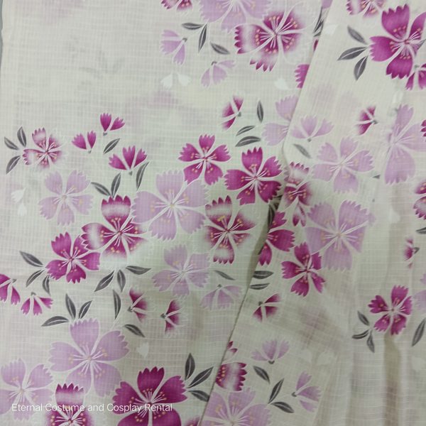 Japanese Traditional Yukata Female Beige Cream Base with Pink Sakura Printing for Rent - Image 4