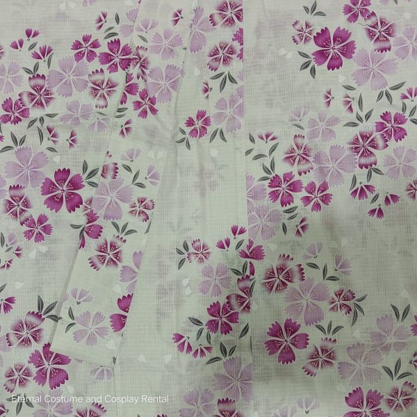 Japanese Traditional Yukata Female Beige Cream Base with Pink Sakura Printing for Rent - Image 5