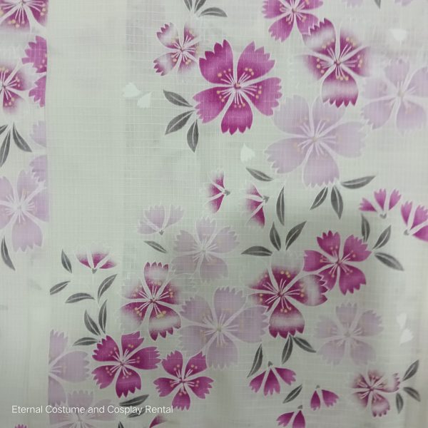 Japanese Traditional Yukata Female Beige Cream Base with Pink Sakura Printing for Rent - Image 6