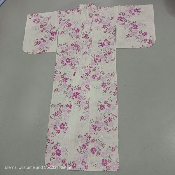Japanese Traditional Yukata Female Beige Cream Base with Pink Sakura Printing for Rent - Image 2