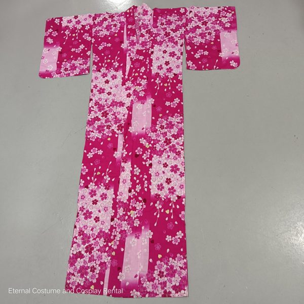 Japanese Traditional Yukata Female Pink Block Pattern Base with Pink Sakura Printing for Rent - Image 2