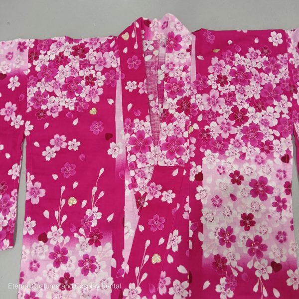 Japanese Traditional Yukata Female Pink Block Pattern Base with Pink Sakura Printing for Rent - Image 3