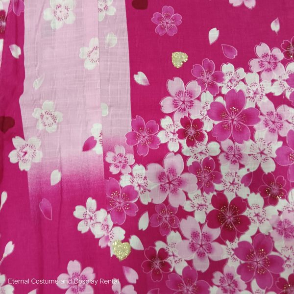 Japanese Traditional Yukata Female Pink Block Pattern Base with Pink Sakura Printing for Rent - Image 4