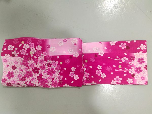 Japanese Traditional Yukata Female Pink Block Pattern Base with Pink Sakura Printing for Rent - Image 5