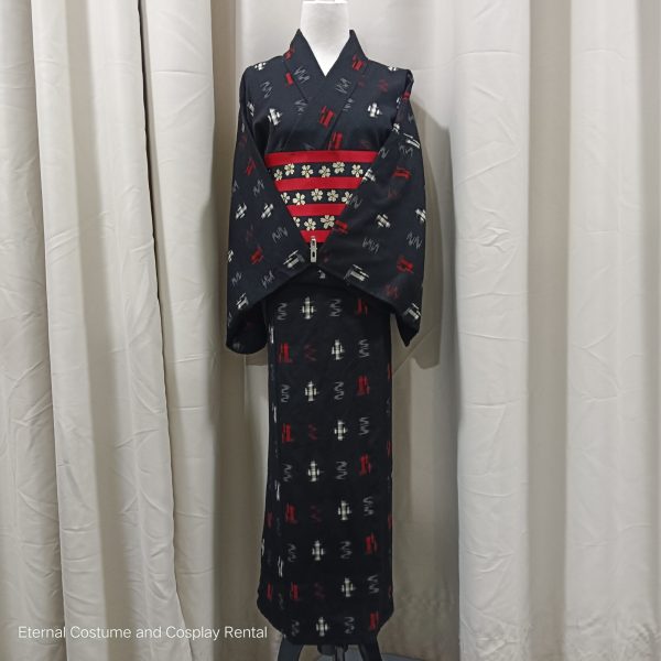 Japanese Traditional Yukata Female Black Base with Red White Pattern Suitable for Bon Odori for Rent