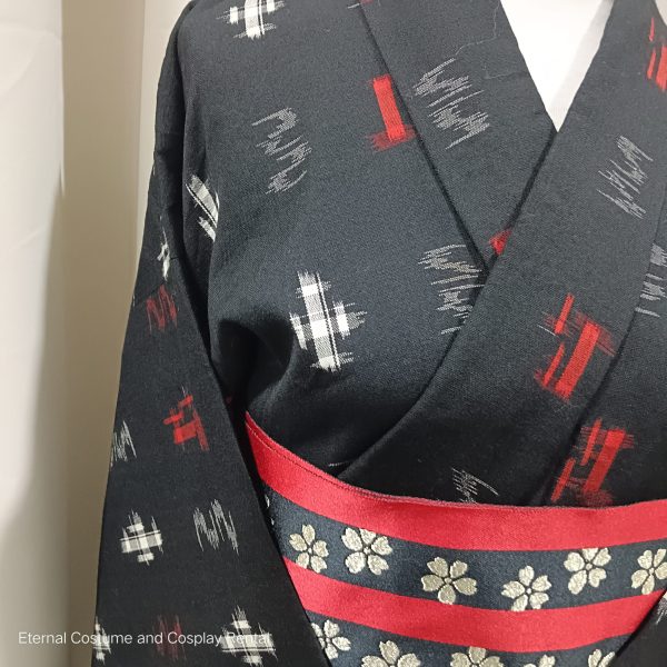 Japanese Traditional Yukata Female Black Base with Red White Pattern Suitable for Bon Odori for Rent - Image 2