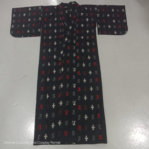 Japanese Traditional Yukata Female Black Base with Red White Pattern Suitable for Bon Odori for Rent - Image 4