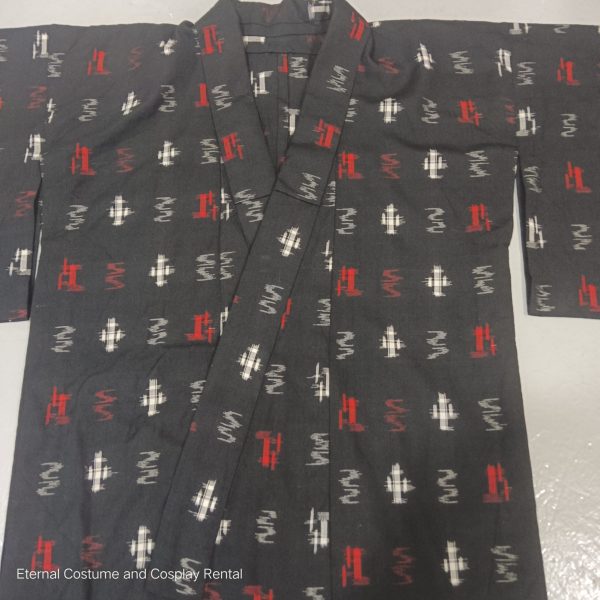 Japanese Traditional Yukata Female Black Base with Red White Pattern Suitable for Bon Odori for Rent - Image 5