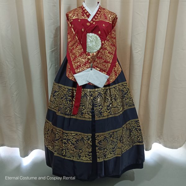 KOREAN Hanbok Style Costume Female Royal Red Long Top and Black Dress Size S - XL Free Size for Rent
