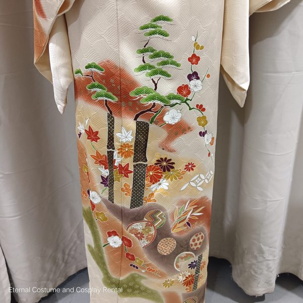 JAPANESE Traditional Kimono Houmongi Female Yellow Free Size for Rent - Image 5