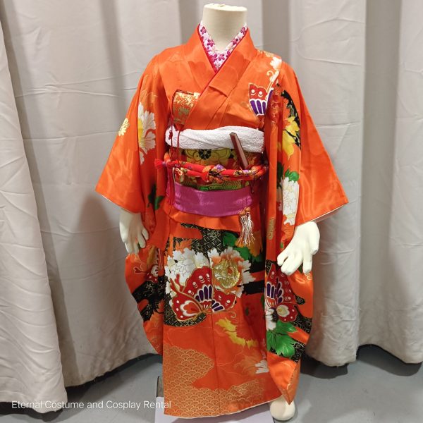 KIDS Japanese Kimono GIRL Shichigosan Orange for Rent