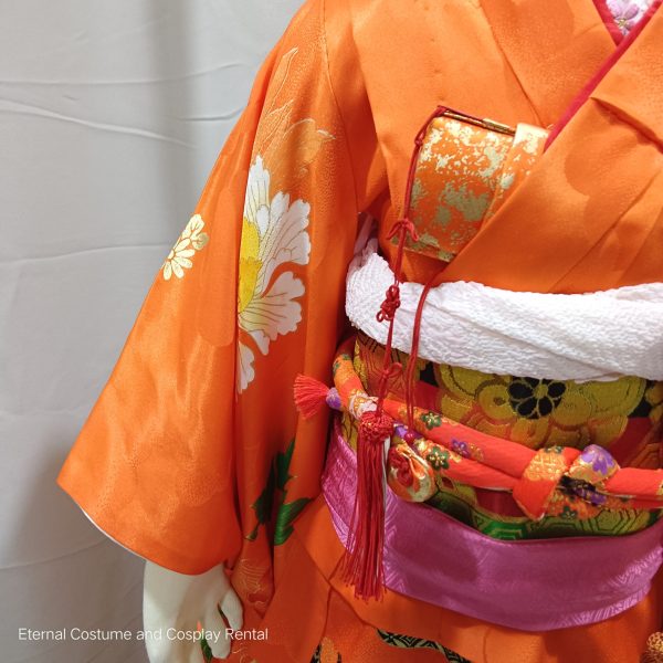 KIDS Japanese Kimono GIRL Shichigosan Orange for Rent - Image 3