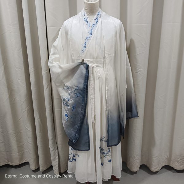 CHINESE Traditional HanFu Male White with Gradient Blue Dragon Full Embroidery for Rent - Image 4