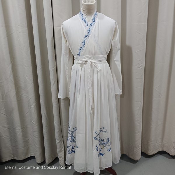 CHINESE Traditional HanFu Male White with Gradient Blue Dragon Full Embroidery for Rent - Image 3