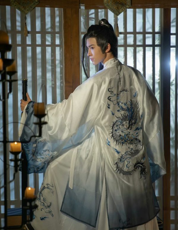 CHINESE Traditional HanFu Male White with Gradient Blue Dragon Full Embroidery for Rent