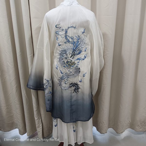 CHINESE Traditional HanFu Male White with Gradient Blue Dragon Full Embroidery for Rent - Image 5