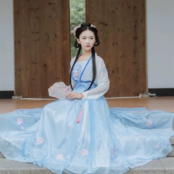 CHINESE Traditional HanFu Female White and Light Blue with BLING BLING Female Size XS - M for Rent