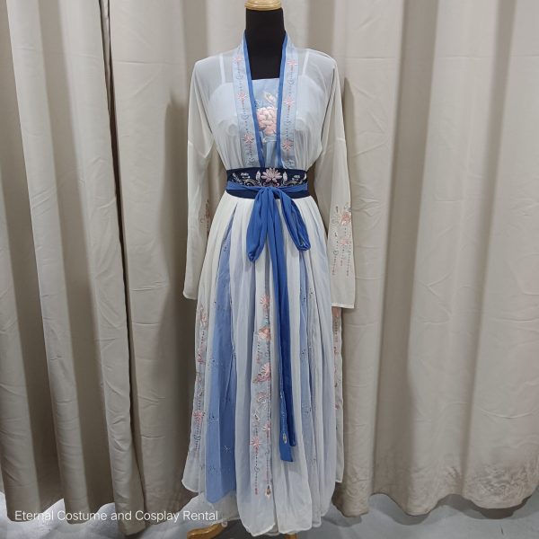 CHINESE Traditional HanFu Female White and Light Blue with BLING BLING Female Size XS - M for Rent - Image 5