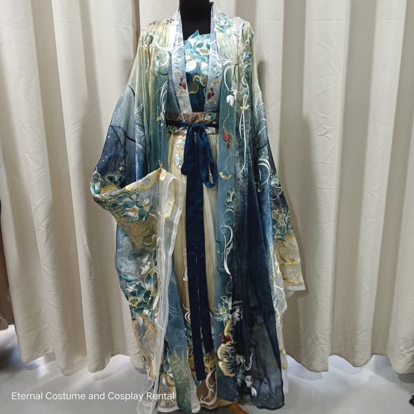 CHINESE Traditional HanFu Female Gradient Blule Yellow Singlet Style Full Embroidery Size S - L for Rent - Image 5