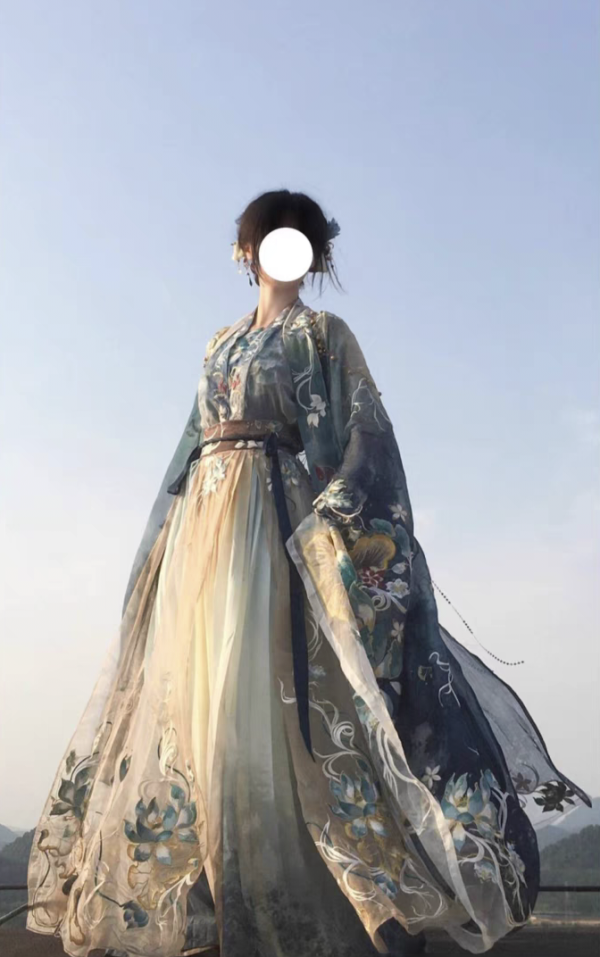 CHINESE Traditional HanFu Female Gradient Blule Yellow Singlet Style Full Embroidery Size S - L for Rent - Image 6